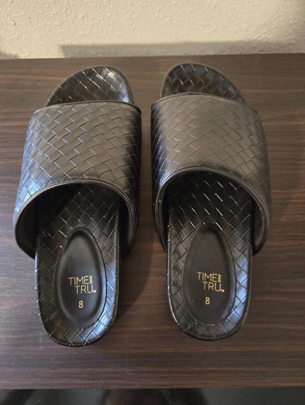 Time and Tru Black Woven Slide Sandals